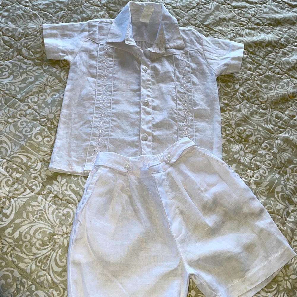 2 pc Boy baptism white outfit 100% linen